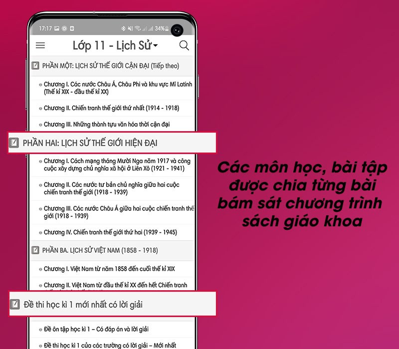 Các môn học, bài tập được chia từng bài bám sát chương trình sách giáo khoa