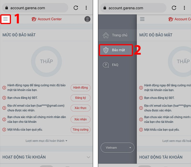 Chọn biểu tượng 3 gạch và Bảo mật