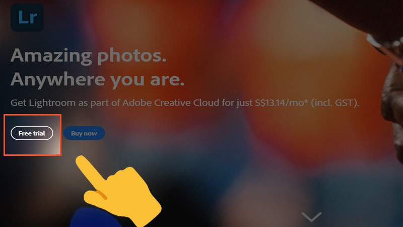 Chọn Free Trial trên trang chủ Adobe Lightroom