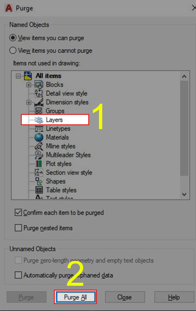 Chọn Layer và Purge All