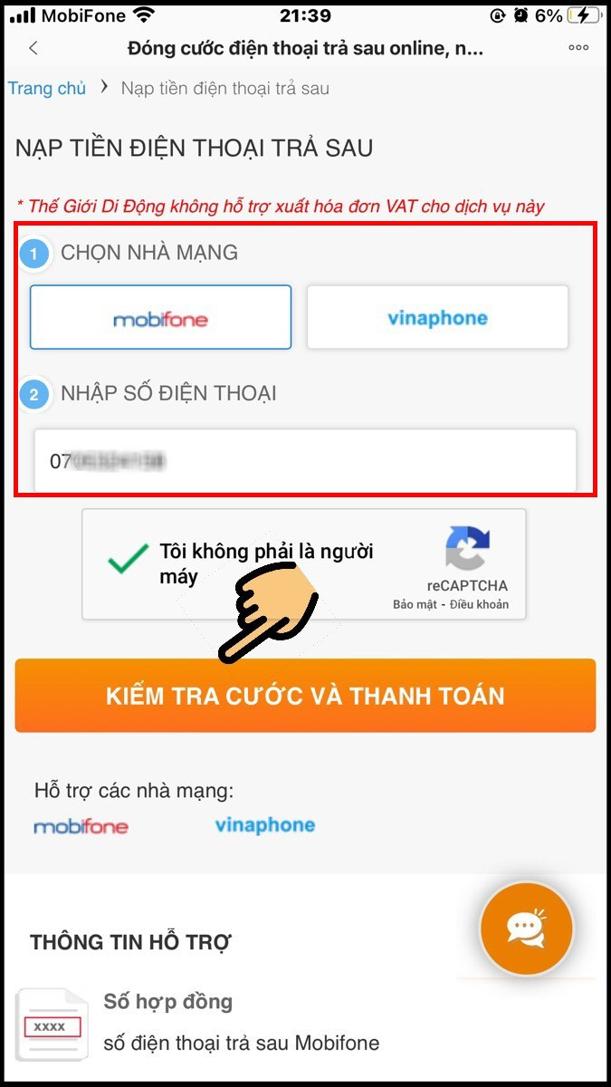 Chọn nhà mạng, nhập số điện thoại rồi nhấn nút Kiểm tra cước và thanh toán