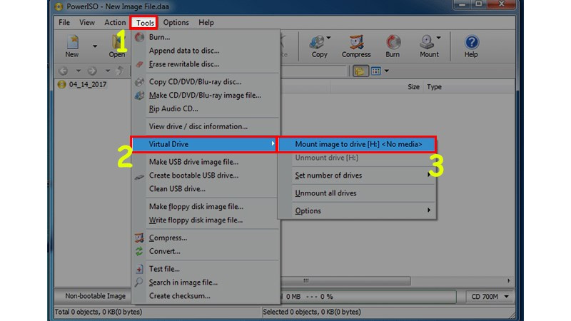 Click vào Menu Tools &gt; Chọn Virtual Drive &gt; Mount Image to Drive