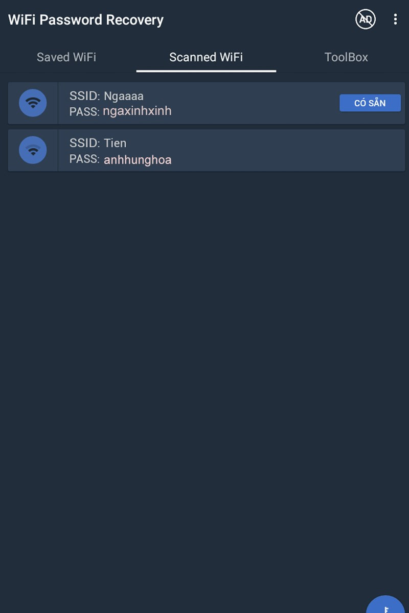 Danh sách WiFi và mật khẩu