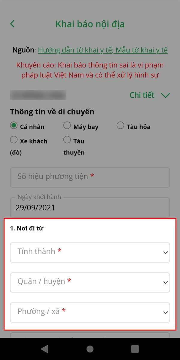 Điền c&aacute;c th&ocirc;ng tin tại mục Nơi đi từ