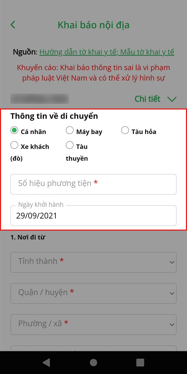 Điền c&aacute;c th&ocirc;ng tin tại mục Th&ocirc;ng tin về di chuyển