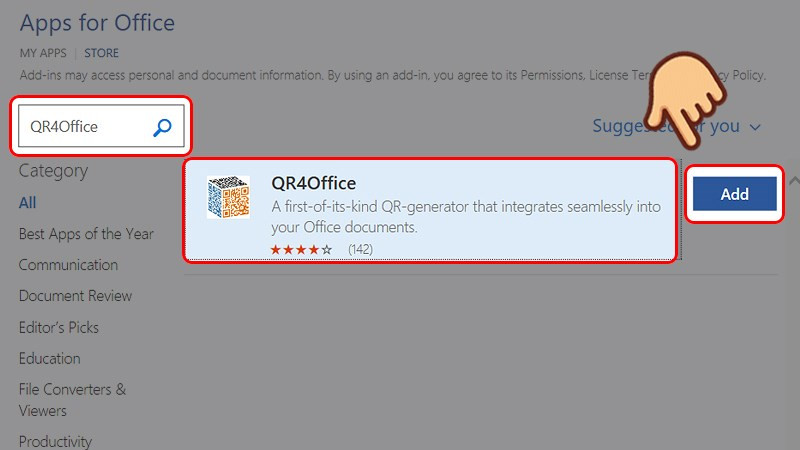 G&otilde; từ kh&oacute;a QR4Office v&agrave;o &ocirc; t&igrave;m kiếm rồi chọn Add (th&ecirc;m) b&ecirc;n cạnh phần bổ trợ đ&oacute;