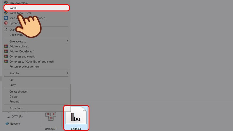 Giải n&eacute;n file vừa tải ra, nhấn chuột phải v&agrave;o font Code 39 v&agrave; chọn Install để c&agrave;i đặt