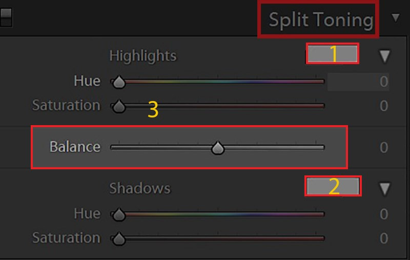 Giao diện Split Toning trong Lightroom phiên bản máy tính
