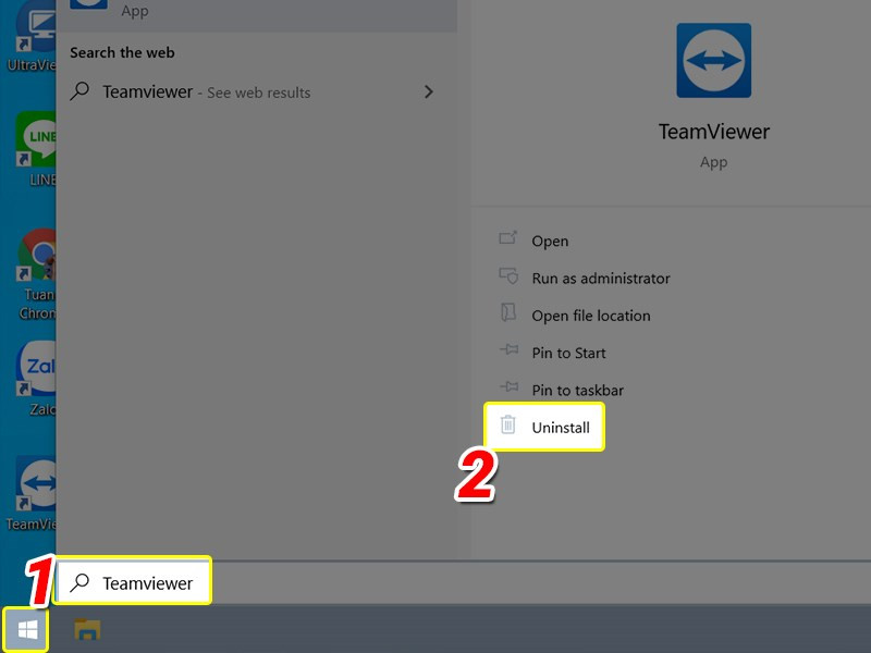 Gỡ bỏ TeamViewer từ Start Menu