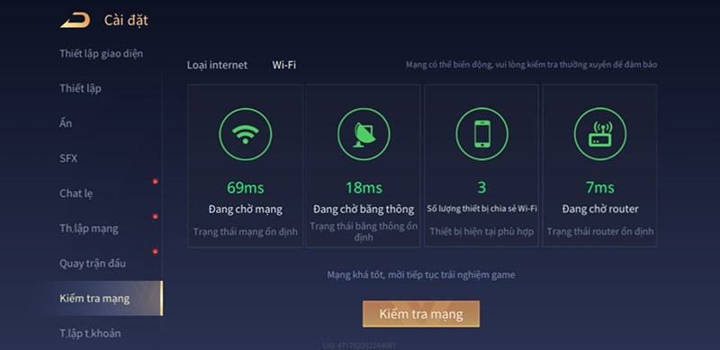 Hình ảnh minh họa việc kiểm tra mạng trước khi chơi