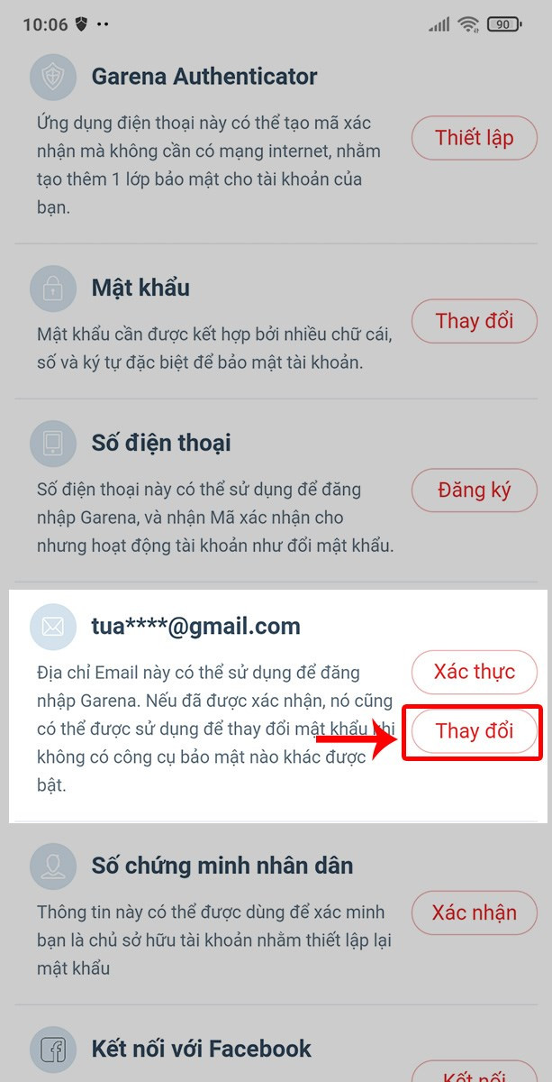 Kéo xuống Email và chọn Thay đổi