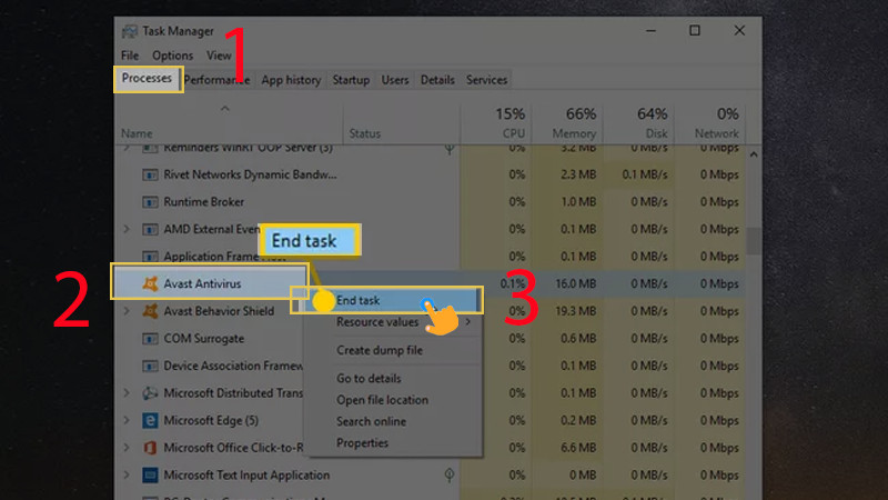 Kết thúc tiến trình Avast trong Task Manager