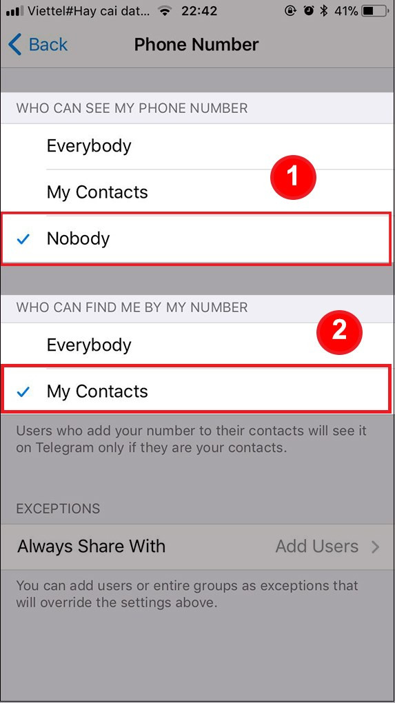Lựa chọn Nobody để ẩn số điện thoại