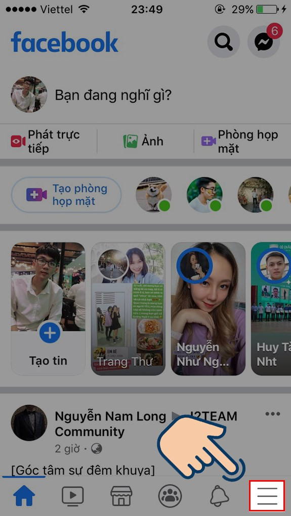 Mở menu Facebook trên điện thoại