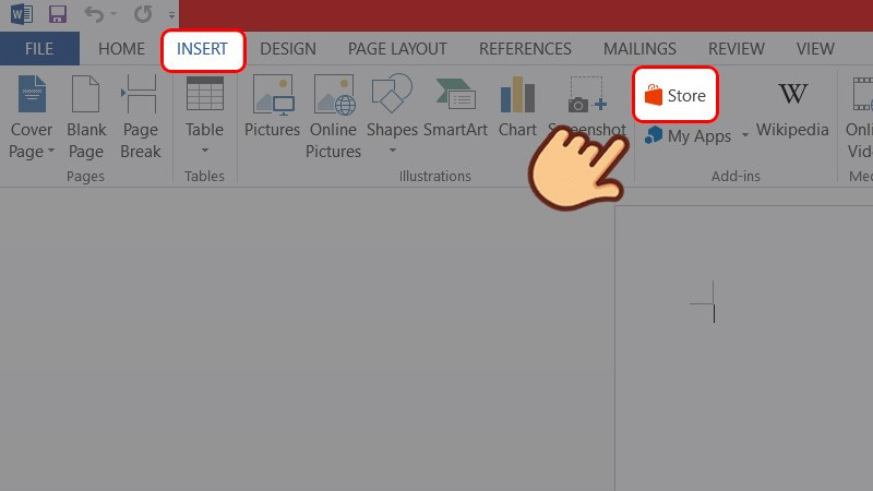 Mở ứng dụng Word, Excel, Powerpoint chọn tab Insert (ch&egrave;n) v&agrave; chọn Store (cửa h&agrave;ng)