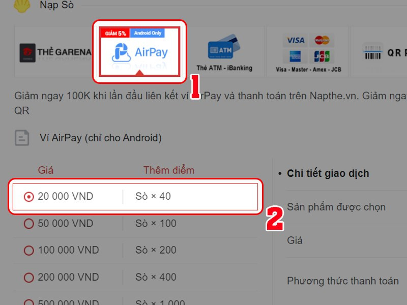 Nạp Sò bằng Airpay