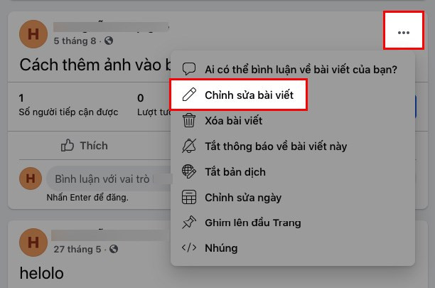 Nhấn biểu tượng ba chấm và chọn Chỉnh sửa bài viết