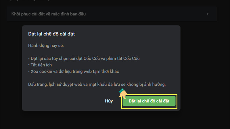 Nhấn Đặt lại các tùy chọn cài đặt