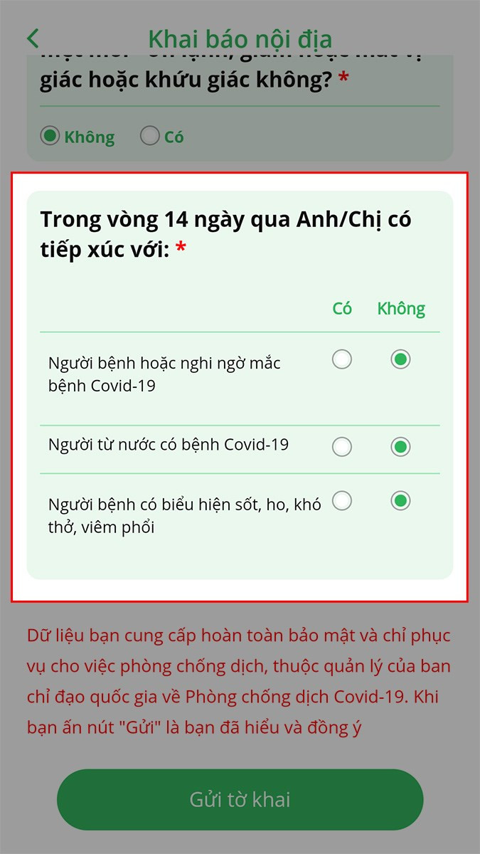 Nhấn dấu v&agrave;o &ocirc; C&oacute; hoặc Kh&ocirc;ng với c&aacute;c trường hợp tương ứng