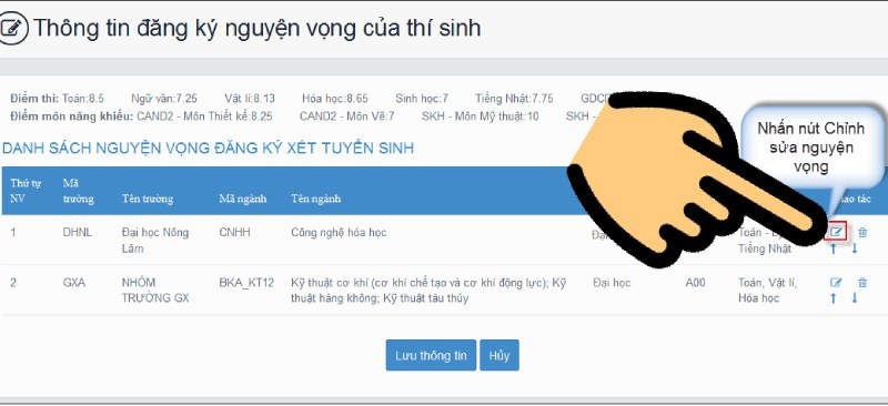 Nhấn nút Chỉnh sửa nguyện vọng