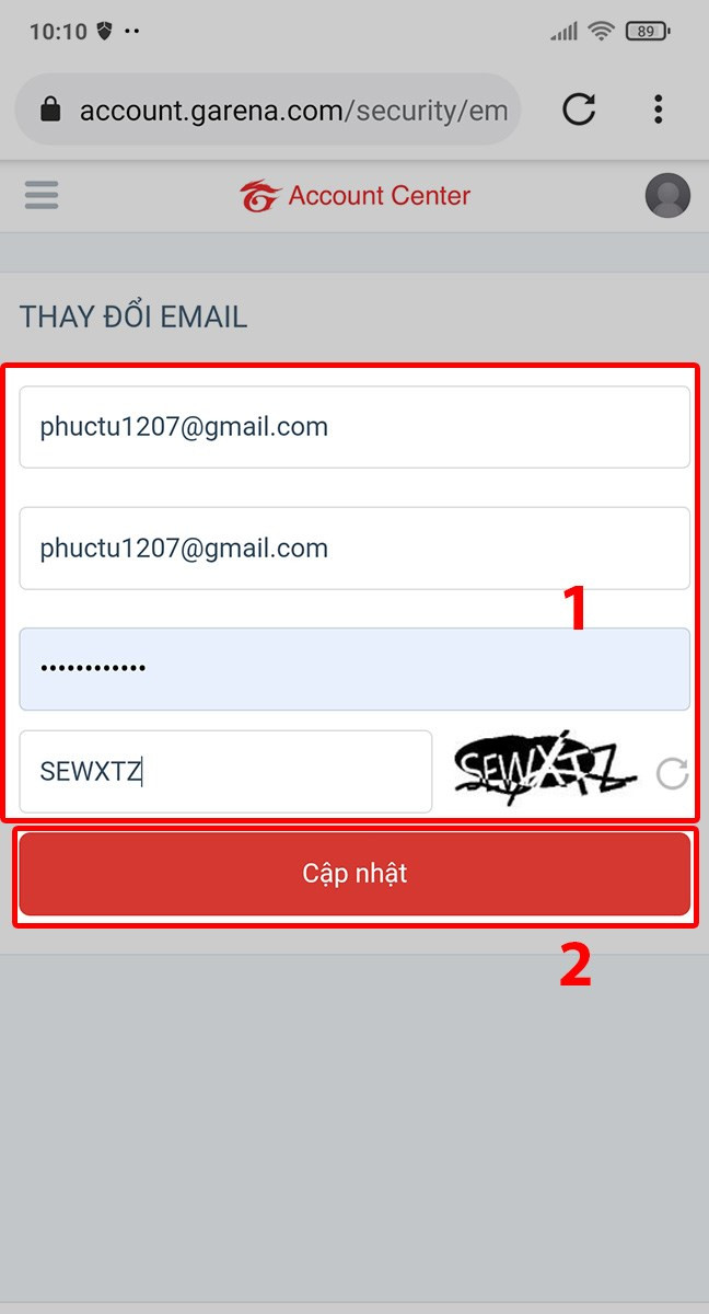 Nhập email mới, mật khẩu và mã xác thực