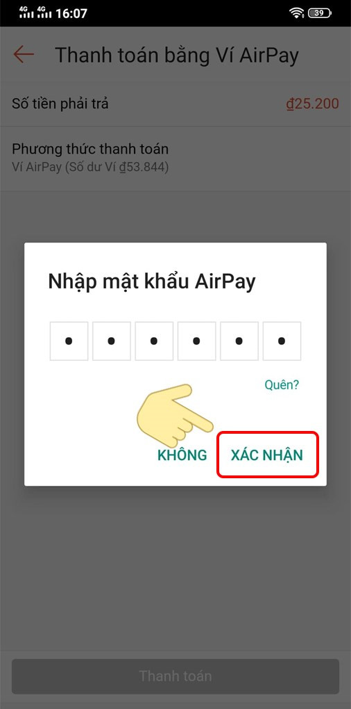 Nhập mật khẩu AirPay để x&aacute;c nhận thanh to&aacute;n.