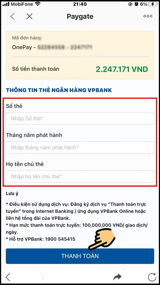 Nhập Số thẻ ATM, tháng năm phát hành, họ tên chủ thẻ rồi nhấn Thanh toán