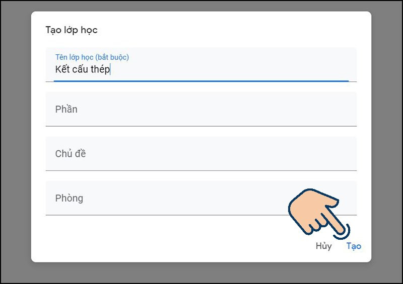 Nhập tên lớp học, phần, chủ đề và phòng. Sau đó bấm Tạo.