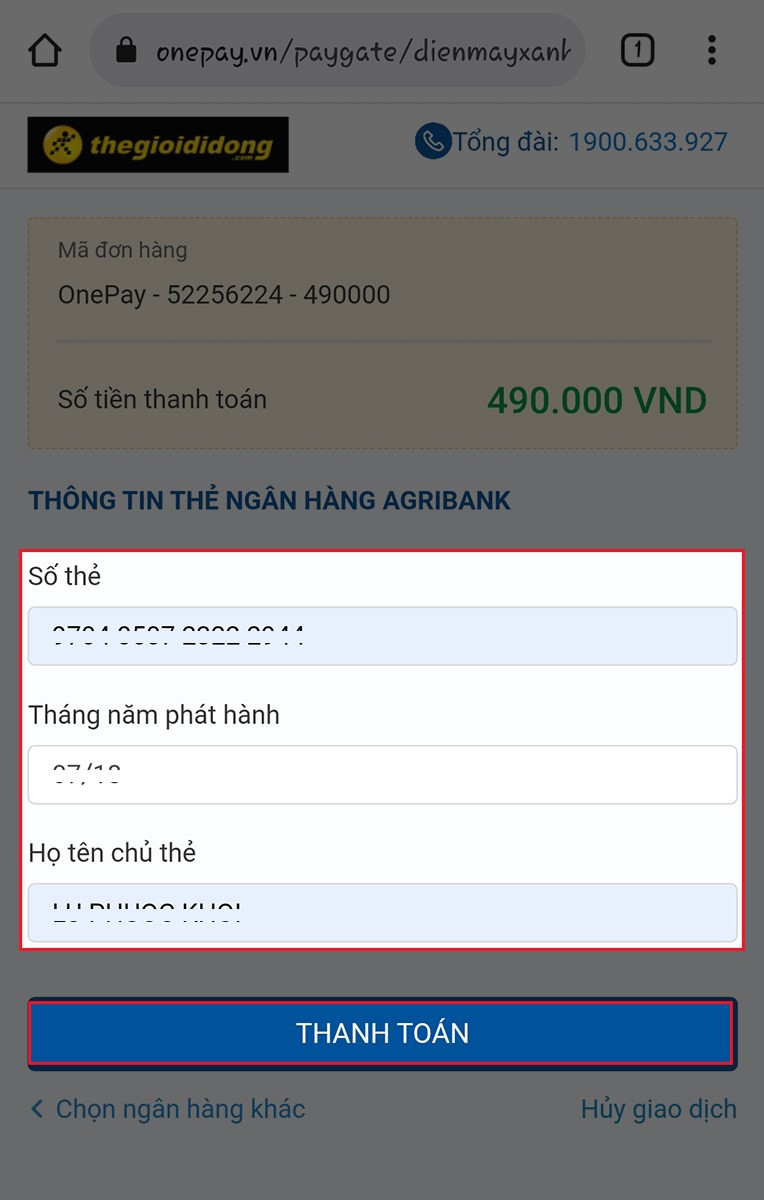 Nhập th&ocirc;ng tin thẻ Ng&acirc;n h&agrave;ng