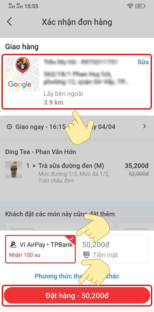 Nhập t&ecirc;n, số điện thoại v&agrave; địa chỉ giao h&agrave;ng. Sau đ&oacute;, chọn h&igrave;nh thức thanh to&aacute;n l&agrave; V&iacute; AirPay v&agrave; nhấn Đặt h&agrave;ng.