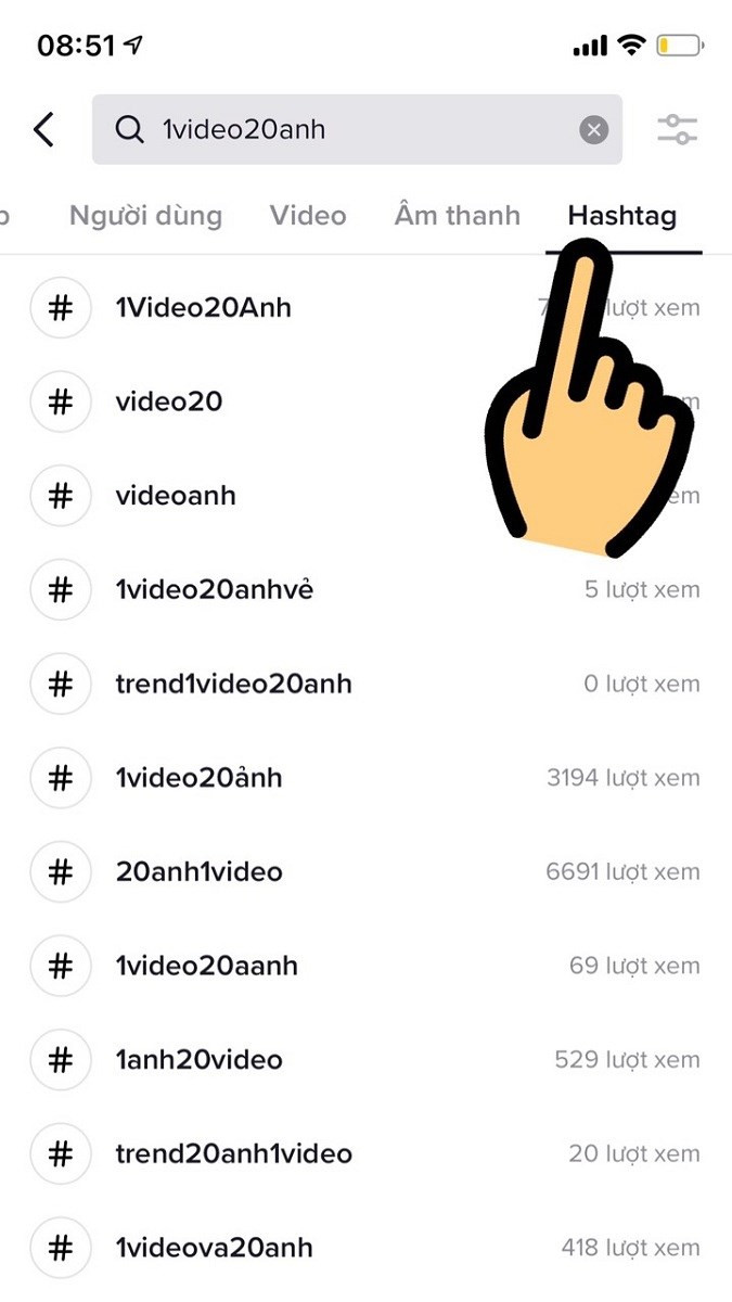 Nhập từ khóa 1video20anh và nhấn vào mục Hashtag