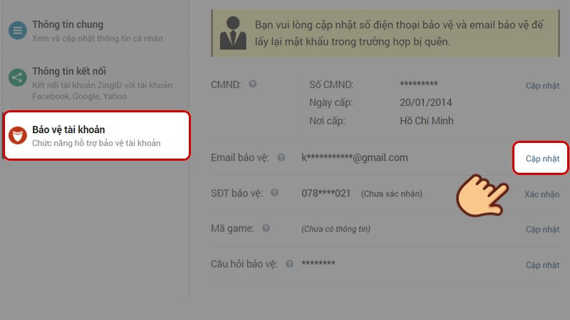 Ở phần Bảo vệ tài khoản, chọn Cập nhật/Xác nhận kế bên mục Email bảo vệ