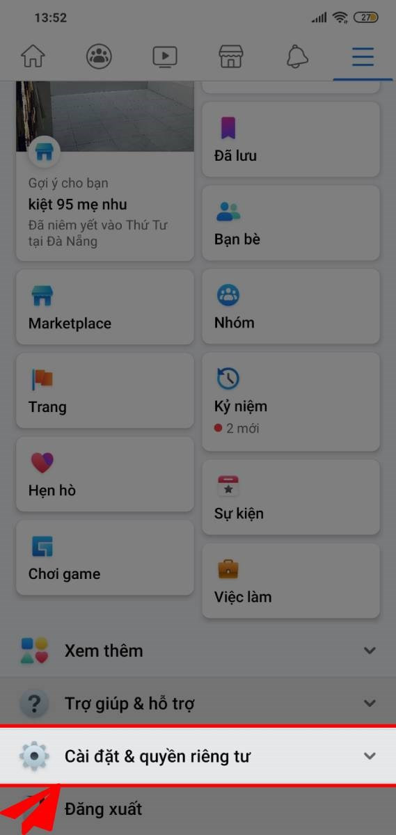 Phần Cài đặt và quyền riêng tư của Facebook