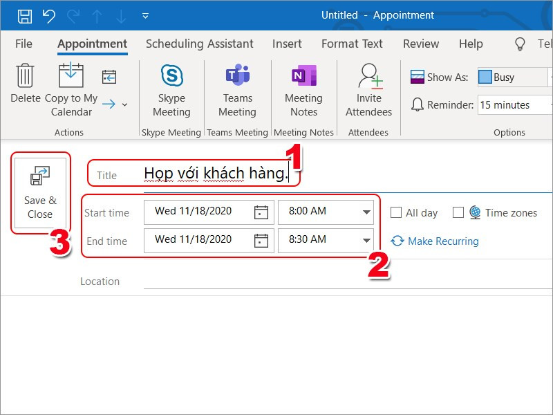 Tạo lịch hẹn trên Outlook