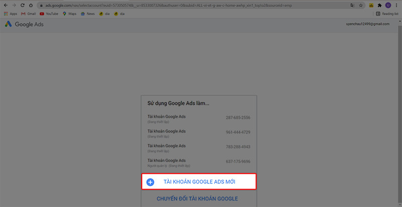 Tạo tài khoản Google Ads mới