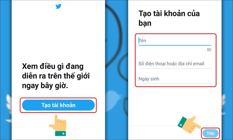 Tạo tài khoản với Tên, Số điện thoại hoặc địa chỉ email, Ngày sinh