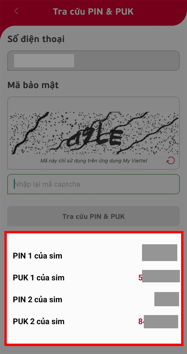 Th&ocirc;ng tin m&atilde; PIN, PUK hiển thị tr&ecirc;n My Viettel