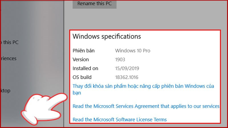 Thông tin phiên bản Windows 10