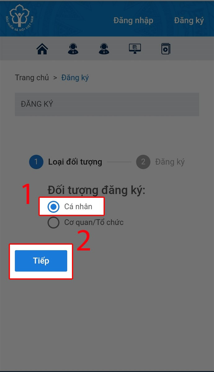 Tick v&agrave;o &ocirc; C&aacute; nh&acirc;n, chọn Tiếp