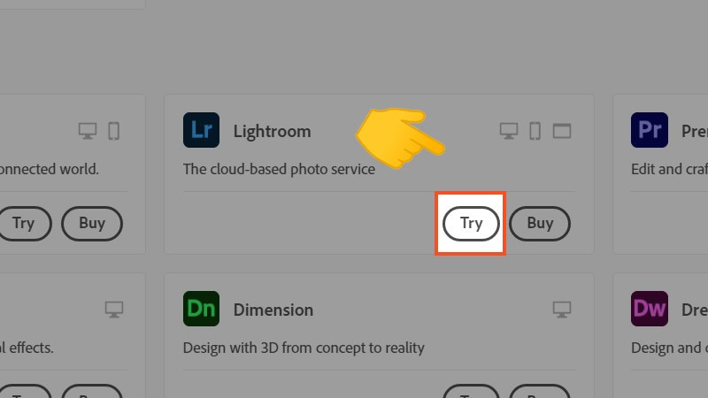 Tìm Lightroom trong Creative Cloud và chọn Try