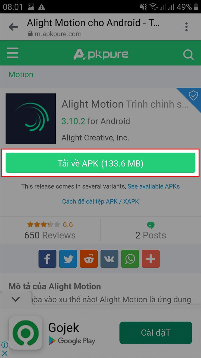 Truy cập link tải Alight Motion APK tại đ&acirc;y, chọn Tải về APK