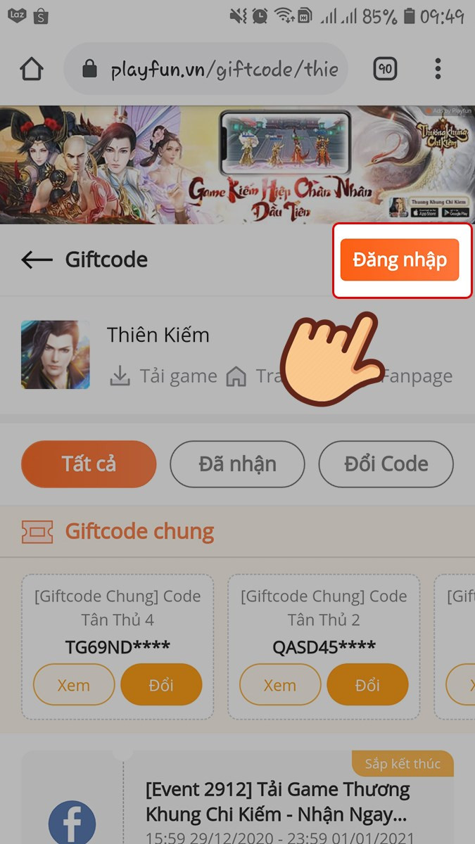 Truy cập trang web nhập code Thiên Kiếm, chọn Đăng nhập