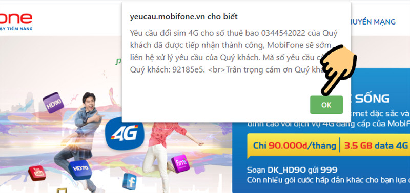 Xác nhận gửi yêu cầu đổi sim 4G thành công