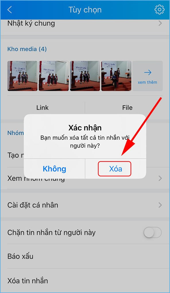 Xác nhận xóa đoạn hội thoại Zalo