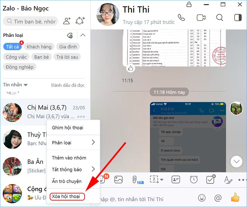 Xóa đoạn hội thoại trên Zalo máy tính