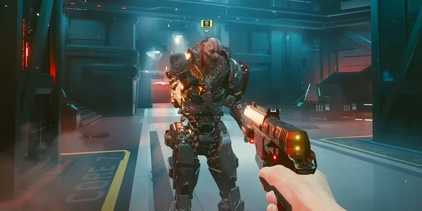Adam Smasher, một cyborg đồ sộ, đứng giữa đống đổ nát trong Cyberpunk 2077