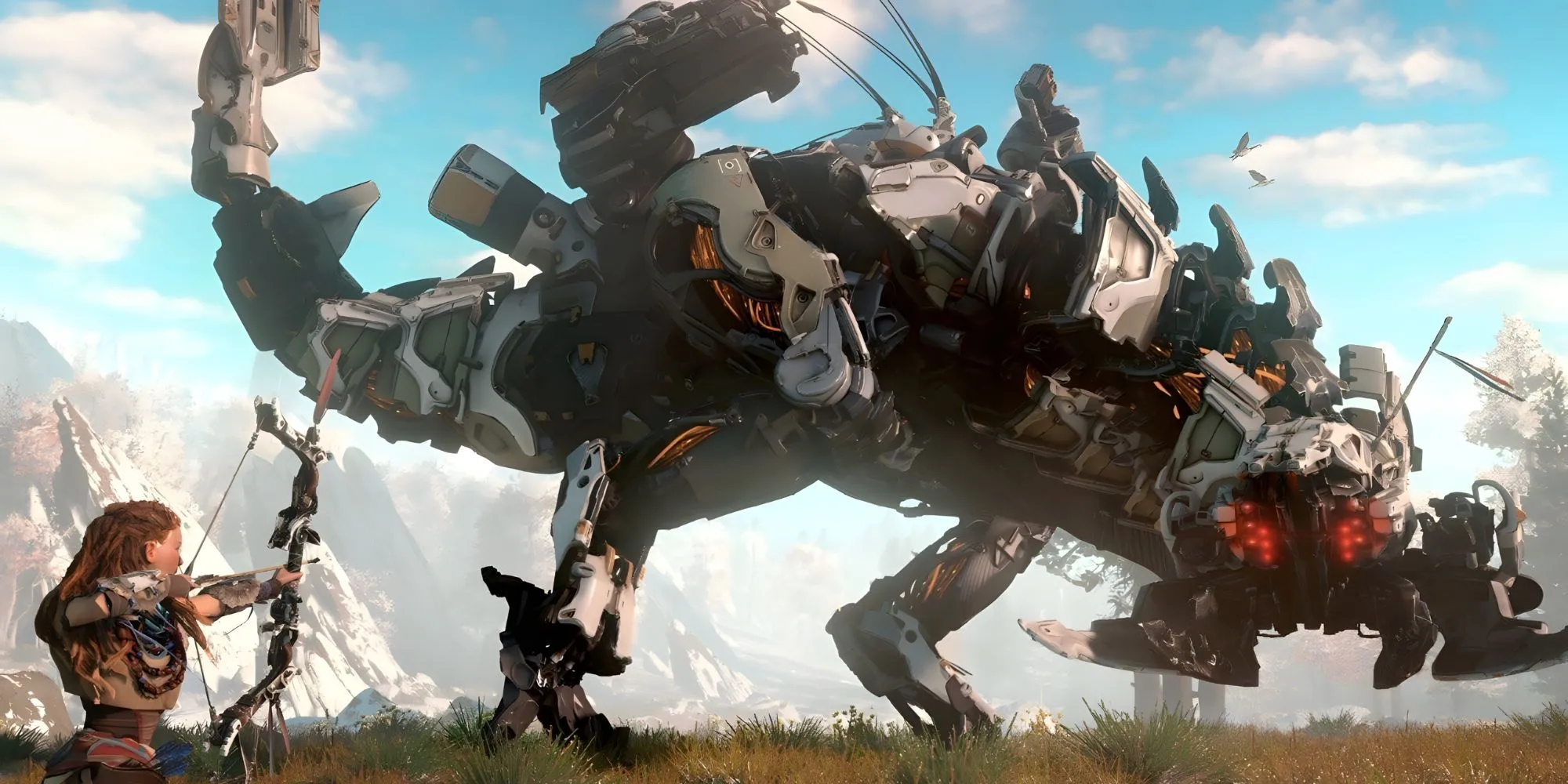 Aloy chiến đấu với một Thunderjaw trong thế giới Horizon Zero Dawn