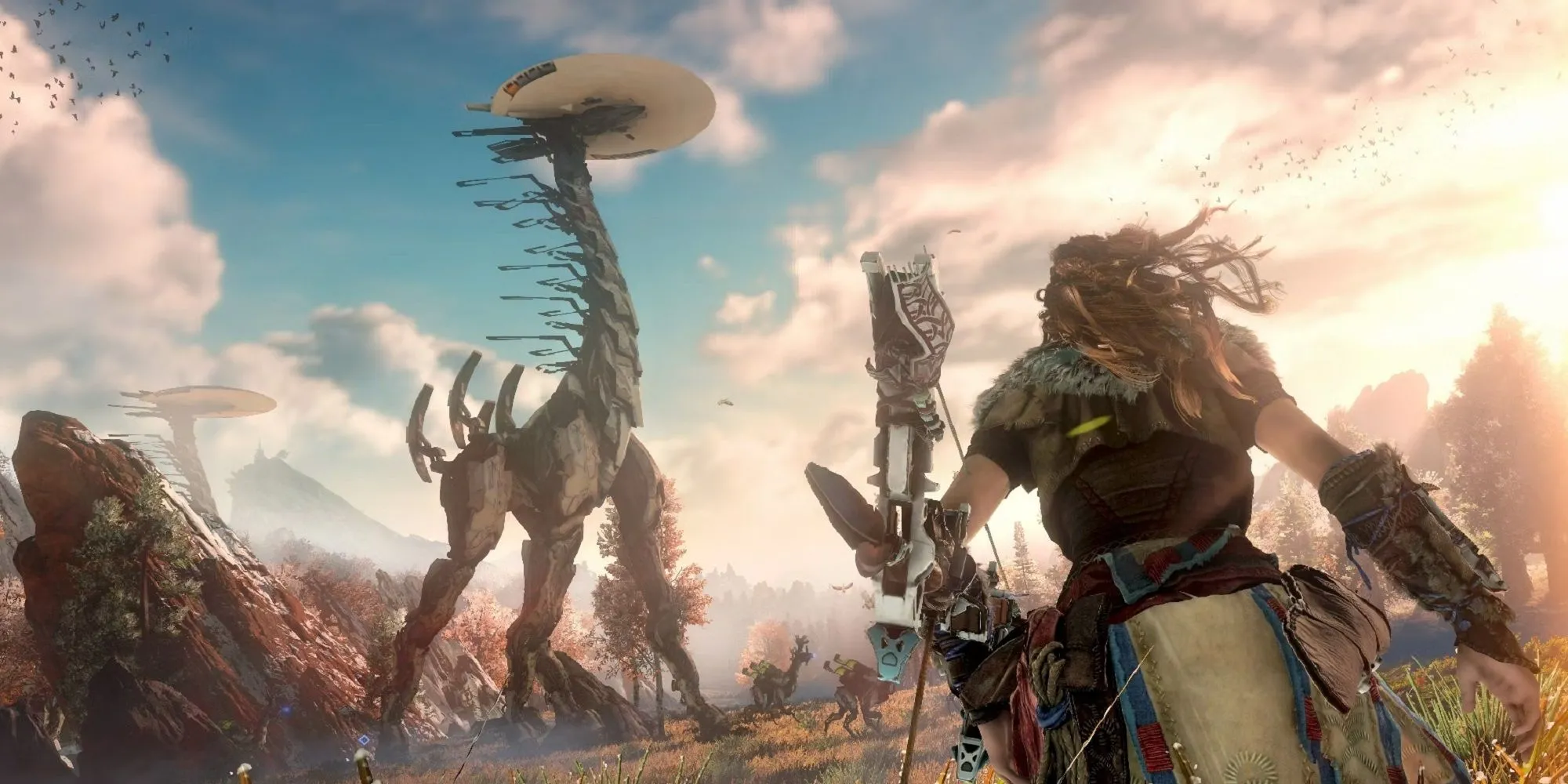 Aloy đứng cạnh Tallneck trong thế giới của Horizon Zero Dawn