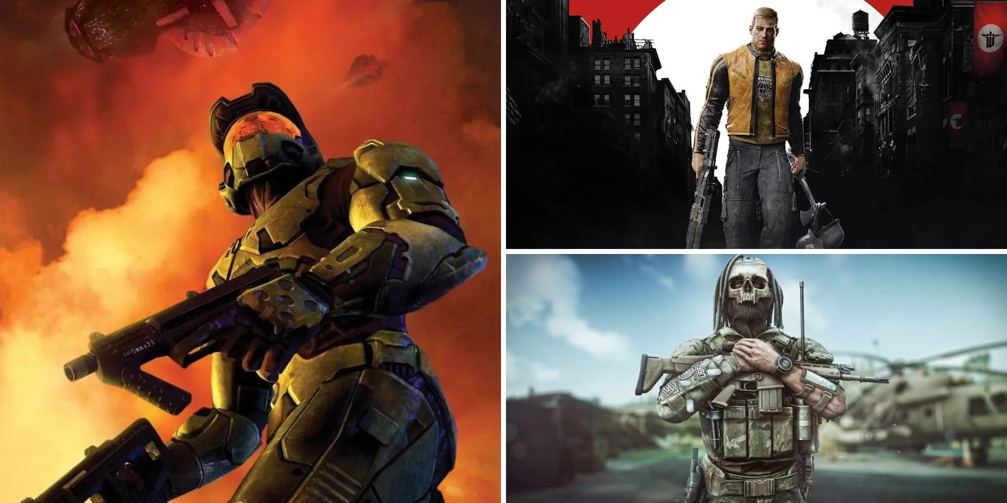 Ảnh bìa các game FPS nổi tiếng Halo 2, Wolfenstein II và Escape from Tarkov