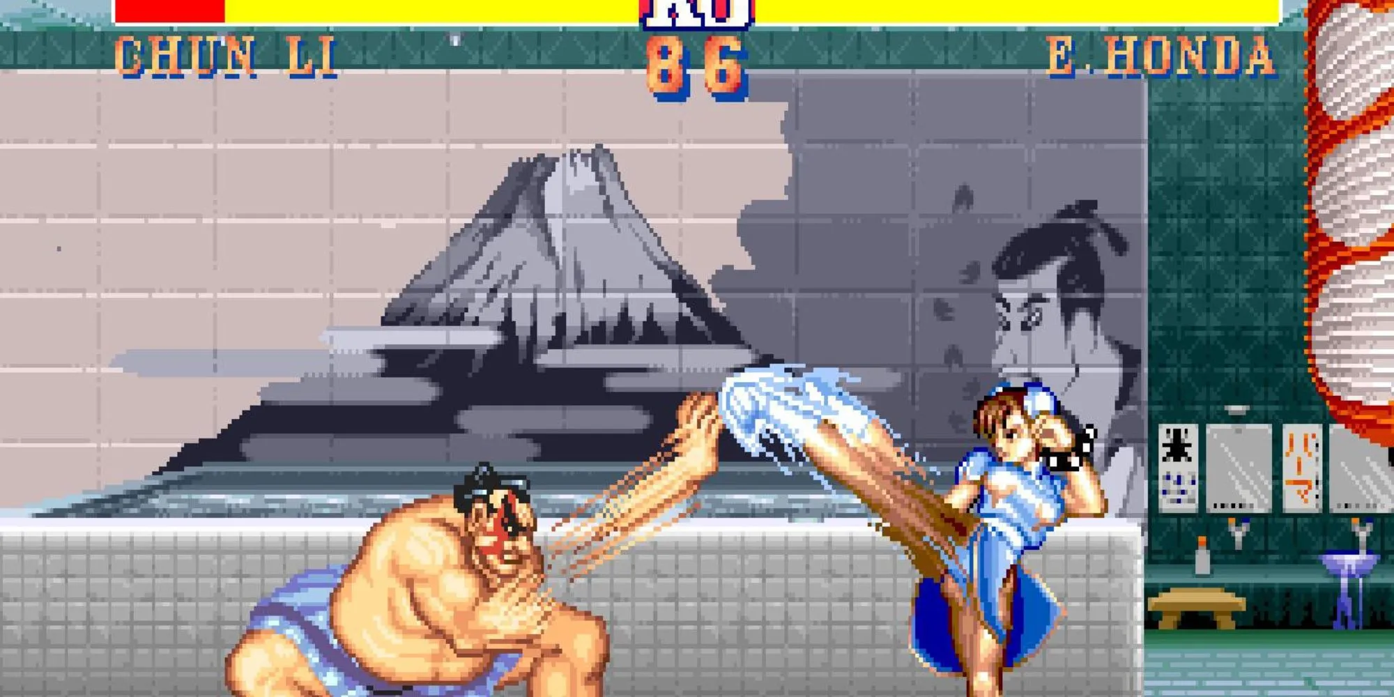 Ảnh chụp màn hình trận đấu trong Street Fighter 2, một tựa game đối kháng huyền thoại